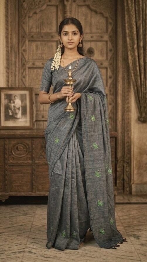 Home cotton khadi sari with butterfly embroidery