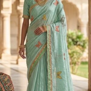 pure georgette silk saree with butterfly embroidery and goa party less party wear saree, fancy 1039