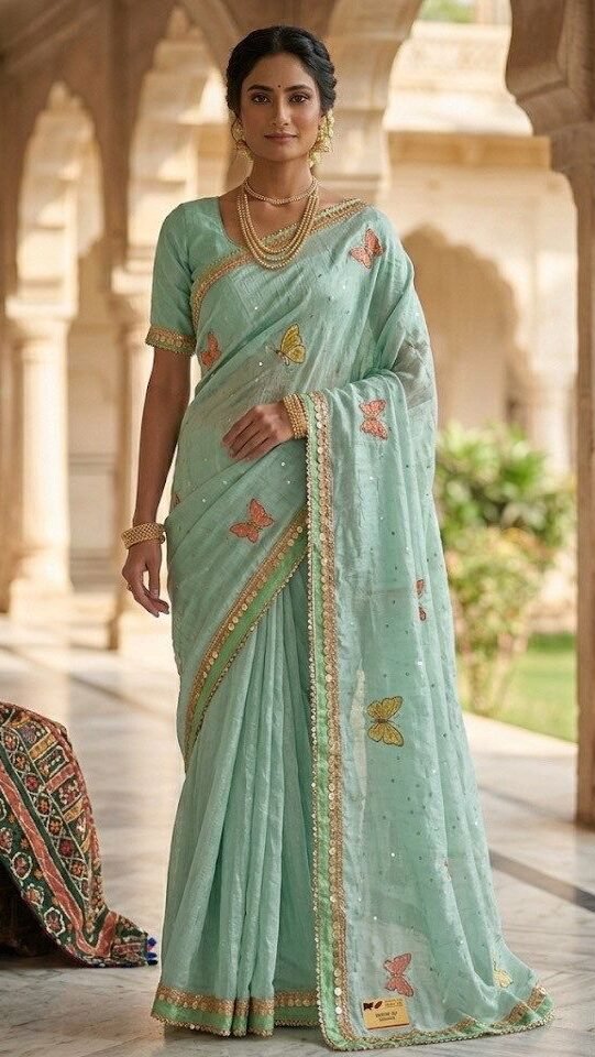 Home pure georgette silk saree with butterfly embroidery and goa party less party wear saree, fancy 1039