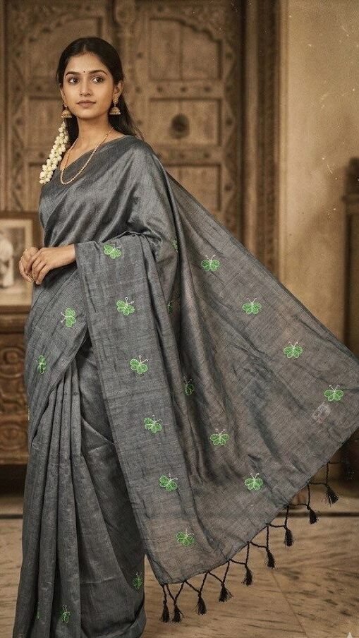 Home cotton khadi sari with butterfly embroidery 1040